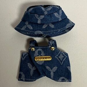 Designer Overalls Bucket Hat 2 Piece Outfit For Labubu Denim Blue